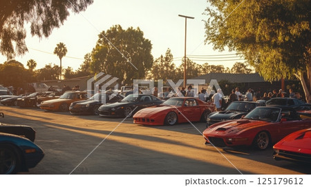 Enthusiasts admire and showcase vintage cars during a lively meetup at sunset, surrounded by trees and engaging crowds. 125179612