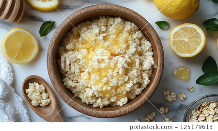 A vibrant bowl of lemon-flavored cottage cheese topped with honey, surrounded by fresh lemons, oats, and green leaves, creating an enticing and healthy breakfast option. A vibrant bowl of lemon-flavored cottage cheese topped with honey, surrounded by fresh lemons, oats, and green leaves, creating an enticing and healthy breakfast option. 125179613
