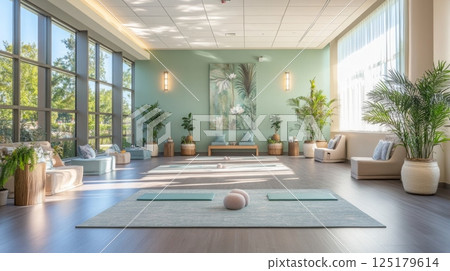 The yoga studio features large windows letting in ample sunlight, surrounded by greenery, with soft mats and serene decor creating a peaceful atmosphere for practice and relaxation. 125179614