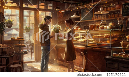 A young couple shares a tender moment inside a warm bakery, exchanging flowers and smiles amidst baked goods. 125179621