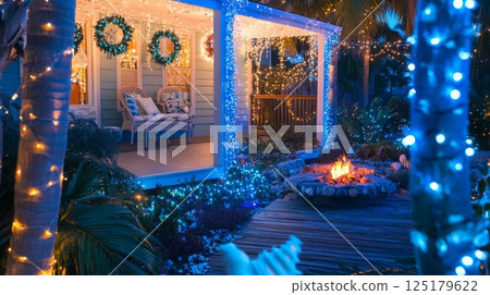 A charming porch decorated for the holidays features glowing lights and wreaths, surrounded by palm trees. A cozy fire pit invites relaxation, adding warmth to the enchanting evening atmosphere. 125179622