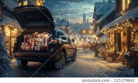 A cozy winter evening unfolds in a picturesque village, where a car is packed with colorful holiday gifts. 125179642