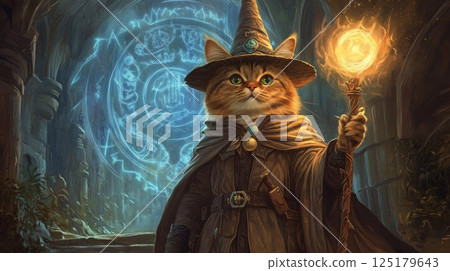 A cat dressed as a wizard stands confidently, holding a glowing wand, surrounded by ancient mystical symbols. The twilight backdrop enhances the enchanting atmosphere of this magical world. A cat dressed as a wizard stands confidently, holding a glowing wand, surrounded by ancient mystical symbols. The twilight backdrop enhances the enchanting atmosphere of this magical world. 125179643