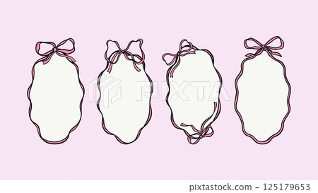 Bow Frame, Vector Oval Y2K Coquette Pen Outline Cute Fashion or Baby Shower Feminine Ribbon Border, Pink Charming Ink Doodle for Valentine or Wedding Illustration 125179653