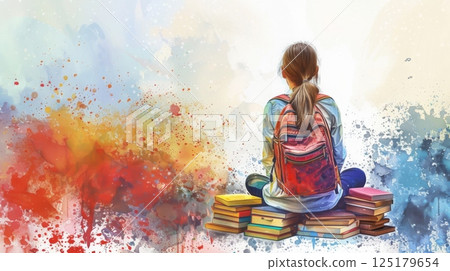 A student sits cross-legged on a pile of books, gazing into a vibrant, colorful background, immersed in contemplation. 125179654