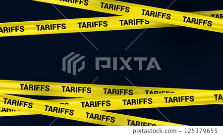 Warning Yellow Stripe Tariff News Vector Banner, Realistic Crossed Tape with Word Tariff on Dark Background, Risk Border 125179655