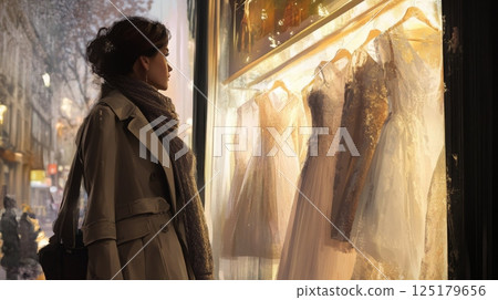 On a snowy evening, a woman stands in front of a boutique window, admiring an array of elegant wedding dresses. 125179656