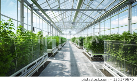 Rows of plants grow inside a large greenhouse,... - Stock Illustration ...
