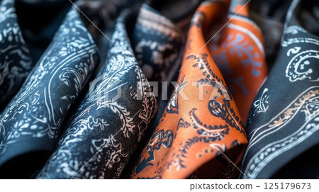 A selection of vibrant bandanas with intricate patterns hangs neatly on a display, showcasing a mix of colors and designs in a retail environment. 125179673