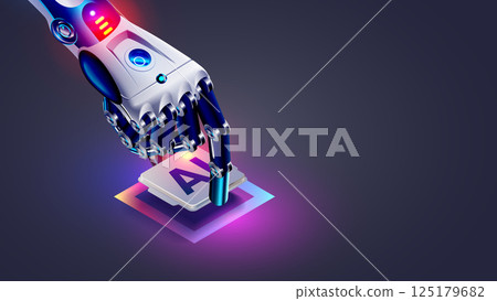 AI or artificial intelligence chip technology, chip concept. Robot or cyborg hand holds electronic processor chip or CPU with AI. Cyborg arm places AI chip. Microchip of neural network computing. AI or artificial intelligence chip technology, chip concept. Robot or cyborg hand holds electronic processor chip or CPU with AI. Cyborg arm places AI chip. Microchip of neural network computing. 125179682
