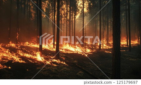 Bright flames consume underbrush as smoke billows through a forest, illuminating the darkening sky during twilight. 125179697