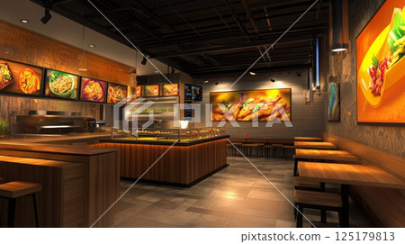 A contemporary dining space showcasing colorful artwork, a wooden counter, and ample seating, all illuminated in warm lighting. 125179813