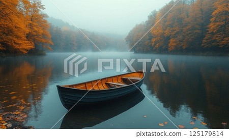 A peaceful wooden boat floats on a calm lake during autumn, surrounded by trees with bright orange leaves, shrouded in morning mist. 125179814