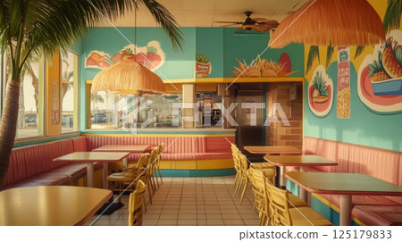 A lively restaurant interior features tropical decorations, bright colors, and seating areas with palm trees, creating a relaxed atmosphere for diners. 125179833
