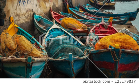 Vibrant fishing boats lined up along the dock, each filled with colorful nets, reflecting the calm waters at dawn. 125179837
