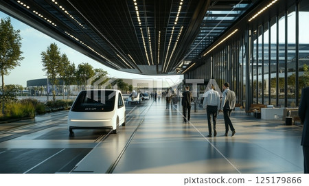 People walk along a walkway outside an airport terminal, where a white electric vehicle drives by. The walkway is lined with trees and bushes. People walk along a walkway outside an airport terminal, where a white electric vehicle drives by. The walkway is lined with trees and bushes. 125179866