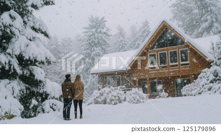 A couple stands close together, wrapped in warm clothing, admiring the snowfall in front of a rustic wooden cabin. The landscape is blanketed in thick snow, surrounded by tall, snowy trees. 125179896