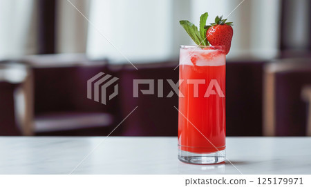 Strawberry juice served in a tall glass with mint garnish at a stylish cafe 125179971