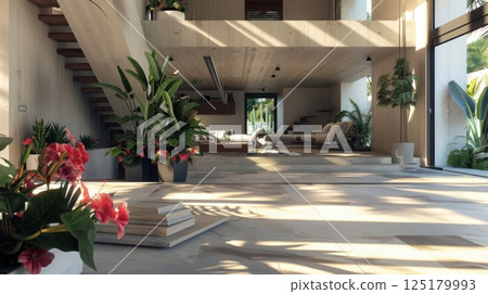 A spacious indoor area featuring contemporary architecture, lush plants, and abundant natural light pouring in through large windows. 125179993