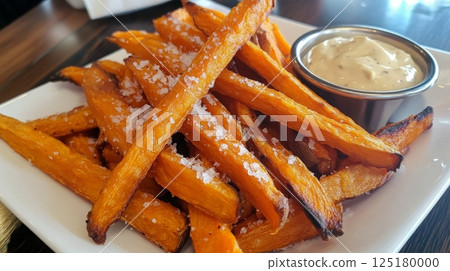 Golden, crispy sweet potato fries are sprinkled with salt and served alongside a creamy dipping sauce. 125180000