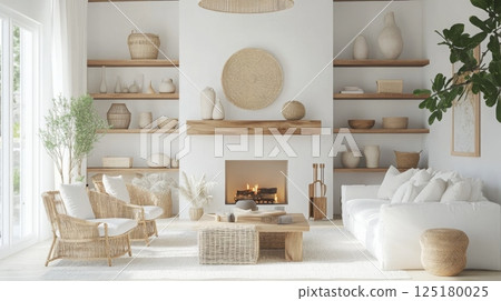 This inviting living room features a white color scheme, wooden shelves filled with decor, and comfortable seating. A warm fireplace adds charm, while plants enhance the relaxed atmosphere. This inviting living room features a white color scheme, wooden shelves filled with decor, and comfortable seating. A warm fireplace adds charm, while plants enhance the relaxed atmosphere. 125180025