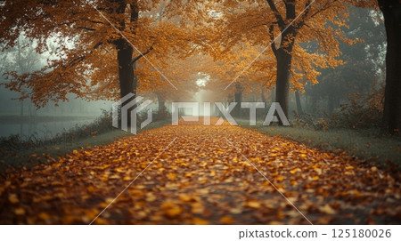 A tranquil pathway surrounded by trees adorned with vivid orange leaves leads through a serene park, shrouded in early morning fog, creating a peaceful atmosphere. A tranquil pathway surrounded by trees adorned with vivid orange leaves leads through a serene park, shrouded in early morning fog, creating a peaceful atmosphere. 125180026