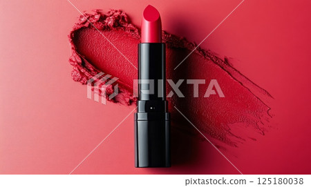 A bold red lipstick stands upright beside a sweeping swatch of the same color, creating a heart shape against a striking red background, conveying a sense of passion and beauty. 125180038