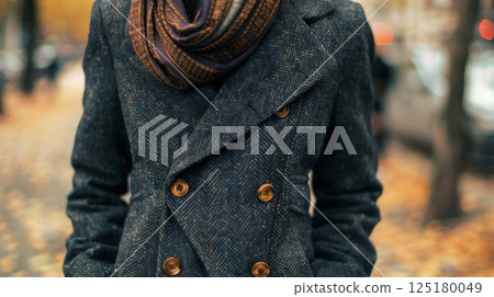 A person dressed in a gray coat and patterned scarf strolls through a park covered in vibrant autumn leaves. A person dressed in a gray coat and patterned scarf strolls through a park covered in vibrant autumn leaves. 125180049