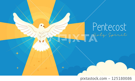Pentecost Sunday Holy Spirit. Divine Dove with Cross on Blue Background Banner. Catholics, Christians Religious Holiday. Horizontal Poster for Biblical Series. Landing page. Vector Illustration 125180086