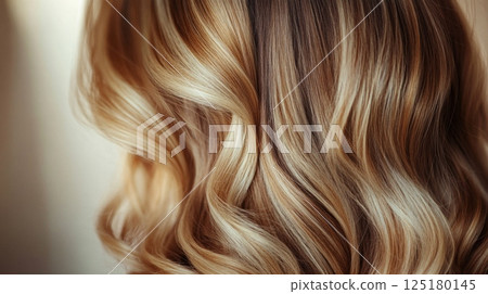 The image captures long hair cascading down with smooth, wavy curls, showcasing a blend of blonde hues. Soft indoor lighting enhances its natural shine and texture, creating an elegant look. 125180145
