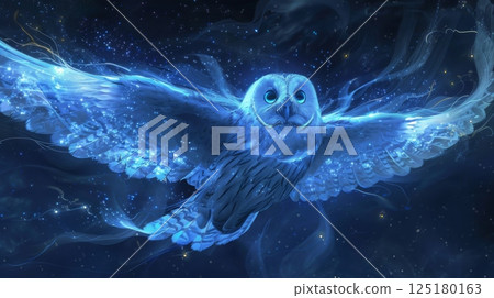 A blue owl flies through the night sky, surrounded by twinkling stars and shimmering trails of light. A blue owl flies through the night sky, surrounded by twinkling stars and shimmering trails of light. 125180163