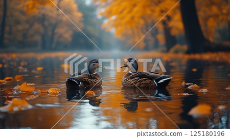 Two ducks glide through a tranquil pond, surrounded by golden and orange leaves. The soft morning light creates a peaceful atmosphere, showcasing nature's beauty. 125180196