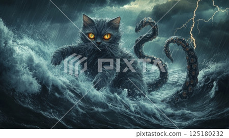 A dark, mythical cat with glowing orange eyes confronts chaotic waves during a storm, its tentacled appendages emerging from the turbulent ocean, creating an atmosphere of suspense and mystery. 125180232