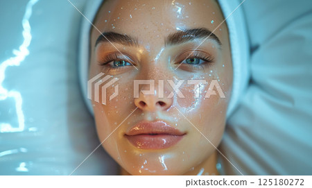 A woman with numerous water droplets covering her face. 125180272