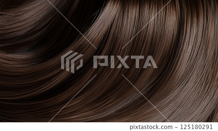 The image showcases a close-up view of beautiful brown hair cascading elegantly with a glossy finish under soft lighting, highlighting its smoothness and vibrant texture. 125180291
