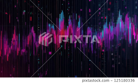 A dynamic display of colorful waveform patterns in shades of pink, blue, and purple creates a visual representation of sound frequencies, showcasing a blend of technology and creativity. 125180336