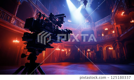 A professional camera, mounted on a tripod, is positioned in a large, ornate ballroom. The room is dimly lit, with red and blue lighting casting shadows on the walls and balconies 125180337