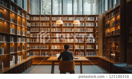 A person sits at a desk in a library, facing away from the camera. The person is wearing a dark suit and is working on a laptop 125180338