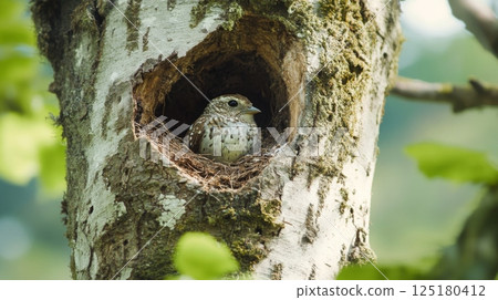 A small bird rests comfortably in its nest inside a tree hollow, surrounded by vibrant green leaves in a tranquil forest setting. 125180412