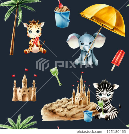 Seamless pattern with beach sand hill, desert with castle with red flags on towers. Baby zebra, giraffe and elephant with plastic children's shovels playing. Blue bucket. Watercolor hand drawn 125180463