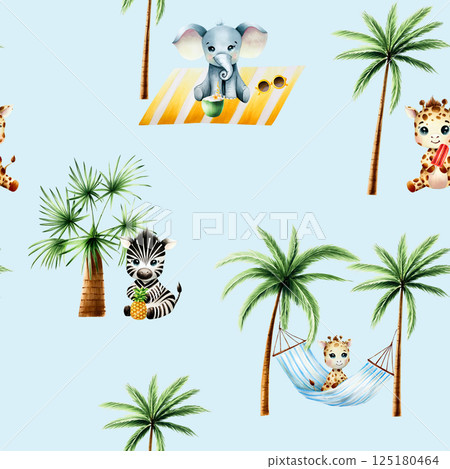 Seamless pattern with cute baby giraffe on striped hanging hammock with Green palm trees. Zebra with pineapple. Watercolor hand drawn elephant, floral jungle illustration isolated on background. For Seamless pattern with cute baby giraffe on striped hanging hammock with Green palm trees. Zebra with pineapple. Watercolor hand drawn elephant, floral jungle illustration isolated on background. For 125180464
