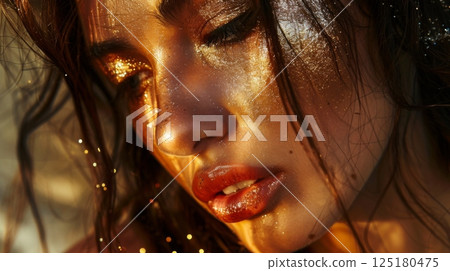 A woman with long dark hair and gold makeup on her face, with a focused look and her lips slightly parted. 125180475