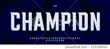 Bold Sporty Font with Sharp Edges and Strong Style, Perfect for Sports League Headlines, Poster and Title with Champion Theme, Team Jersey and T-short letters and numbers. Vector typeset. 125180493