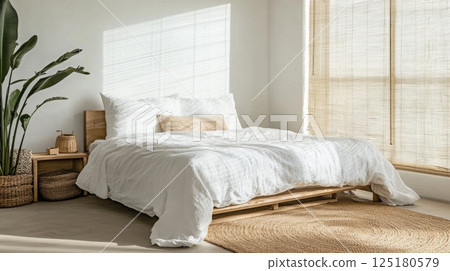 A warm and inviting bedroom features a wooden bed with crisp white linens, a large window letting in natural light, and a touch of greenery from potted plants, creating a serene atmosphere. 125180579
