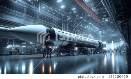A large rocket is being prepared for launch in a spacious hangar. The rocket is sitting on a platform, and there are several people working around it 125180619
