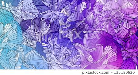 Modern Colorful Wave Flowers, Floral Pattern Line Drawing Wavy Lines Peonies, Blue And Purple Gradient Colors 125180620