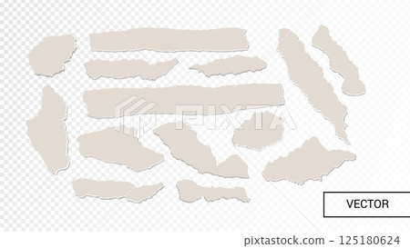 Off White Realistic Torn or Ripped Paper Strip Set with Grunge Edges. Vector Isolated Torn Notebook Empty Page, Scrap Note with Damaged Border. Sticky Scrapbook Newspaper Clip Art Banners 125180624