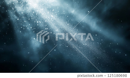 Soft beams of light emerge through a dark, misty background, creating an enchanting atmosphere filled with sparkling particles, evoking a sense of wonder and mystery in the ambient space. 125180698