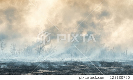 Thick smoke billows over a landscape marked by burnt trees and ground, indicating the aftermath of a fierce wildfire. The air is filled with haze, creating a somber and eerie atmosphere. 125180730