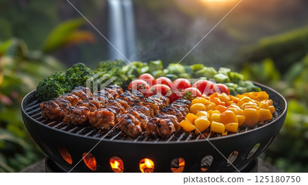 Grilled vegetables and meat skewers by waterfall at sunset 125180750